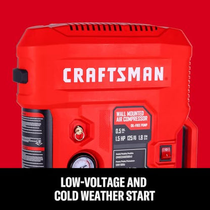 CRAFTSMAN Wall Mount Air Compressor With 8 PCS Accessory Kit, Tire Inflator Portable & Quiet Air Compressor with Retractable 30ft Air Hose, Mini Tank 125 PSI MAX Pressure & 1.5 HP for Garage and Home