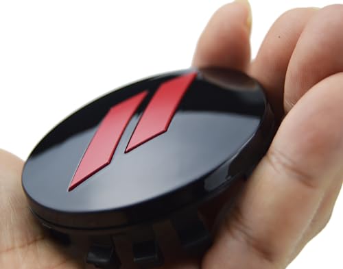 (Set of 4) 63mm=2.5 inches // Slash Wheel Center Caps Covers HubCaps + Tire Valve Stem Caps Trim for Dodge Charger Challenger Durango Hornet Dart R/T SRT Magnum Nitro Journey Caliber Avenger - color: red // on gloss black wheel caps + tire valve caps