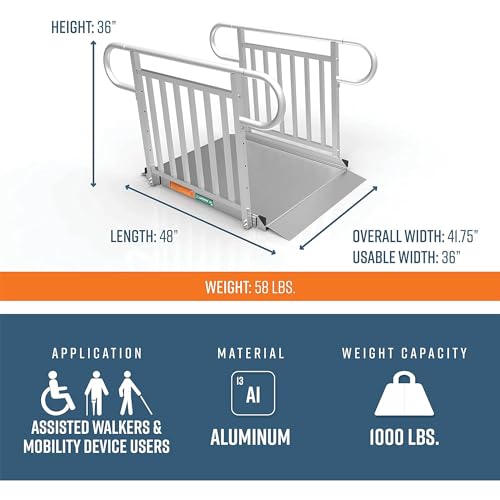 EZ-ACCESS - Portable Wheelchair Ramp and Aluminum Ramp with Handrails - Heavy Duty Mobility Device, Handicap Ramp with Solid Surface for Steps, and Handtrails for Transport and Storage - 3G 4-Foot - size: 48 Inch (Pack of 1), style: Ramp + two-line rail