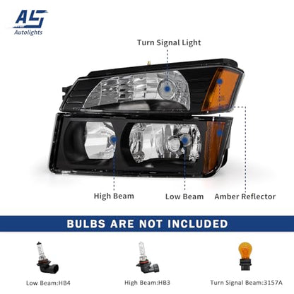 AS Headlight Assembly for 2002 2003 2004 2005 2006 Chevy Avalanche 1500 2500 Black Housing Amber Reflector Passenger and Driver Side - color: BLACK