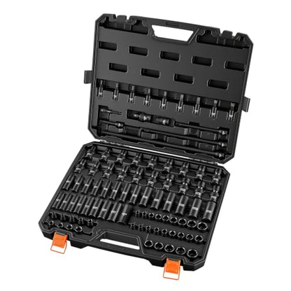 VEVOR Impact Socket Set 3/8" Drive 90-Piece, CR-MO, Shallow & Deep, 6 Point - size: 3/8" 90 PCS