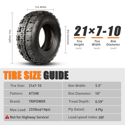 TRIPOWER 21x7-10 ATV Tires 21x7x10 All Terrain Tire Sport Quad Trail Mud Sand Off-Road Tires, 4PR, Tubeless, Set of 2 - size: 21x7x10