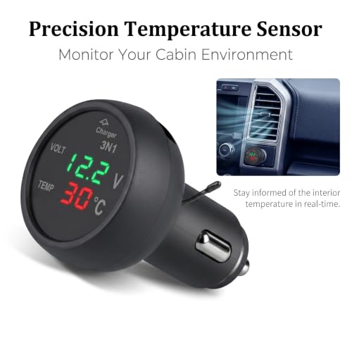 3-in-1 Car USB Power & Voltmeter & Thermometer, Real Time Monitor Gauge with LED Digital Display, Cigarette Lighter Plug and Play Detection Tool, Universal for Cars SUVs Trucks (Black)