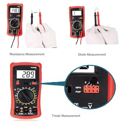 Digital Multimeter with Premium Probes, Measures AC/DC Voltage, Current, Resistance, Diode, Triode, Suitable for Household use, and Industrial use - Red