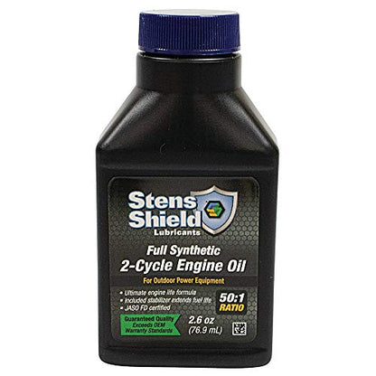 Stens Shield 2 Cycle Engine Oil 770-264, Full Synthetic 2 Stroke Oil, Engine Oil for Outdoor Power Equipment, Twenty-Four 2.6 oz. Bottles/case, 1 Bottle Makes 1 Gallon of 50 to 1 Fuel Mix, Blue Oil