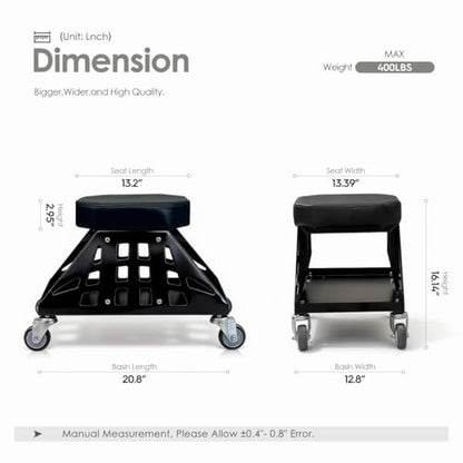 Mechanic Stool 400 LBS Capacity Garage Stool Gift for Men, Heavy Duty Rolling Mechanics Seat, Tools for Automotive Auto Repair (Black) - color: Black