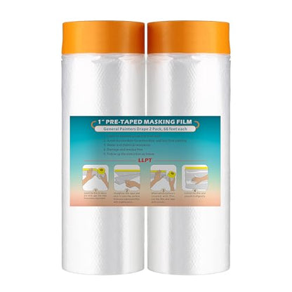 LLPT Pre-Taped Masking Film, 59.1" Unfolded x 66Ft, 0.27 Mil, 2 Pack - size: 59.1 Inch x 66 Ft