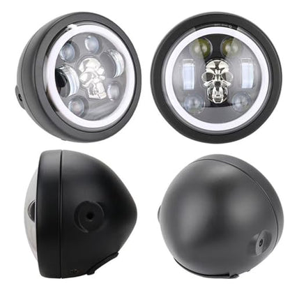 6.69 Inch Motorcycle LED Headlight with Mounting Brackets Assembly, Skull Pattern Round Headlamp with High/Low Beam Turn Signal DRL for Cafe Racer E-bike Bobber Chopper - size: 6.69'' skull headlight with housing brackets