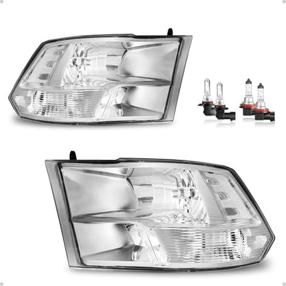 Halogen Headlights W/Bulbs for 2009-2018 Dodge Ram 1500 - color: Chrome Housing | With High & Low Beam Bulbs