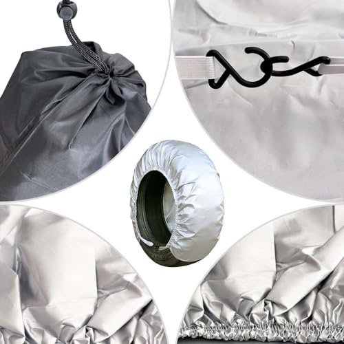 4-Pack RV Tire Covers, Waterproof & UV Resistant Wheel Covers with Windproof Hooks for Trailer, Camper, Truck, SUV & More - Fits Tire‘s Total Diameter 27’’- 29’’/73cm - (Silver-S) - size: S-Total Tire Diameter: 27"-29", style: Silver