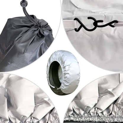 4-Pack RV Tire Covers, Waterproof & UV Resistant Wheel Covers with Windproof Hooks for Trailer, Camper, Truck, SUV & More - Fits Tire‘s Total Diameter 27’’- 29’’/73cm - (Silver-S) - size: S-Total Tire Diameter: 27"-29", style: Silver