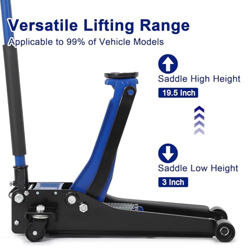 3 Ton Heavy Duty Low Profile Floor Jack, Dual Pump Hydraulic Jack with 3"-19.5" Lifting Range & Long Handle for Cars, Trucks, SUV, Garage Jack with Safety Lock, Blue