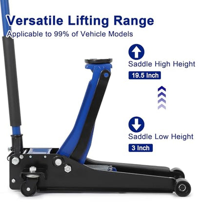 3 Ton Heavy Duty Low Profile Floor Jack, Dual Pump Hydraulic Jack with 3"-19.5" Lifting Range & Long Handle for Cars, Trucks, SUV, Garage Jack with Safety Lock, Blue
