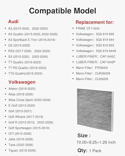 Puroma Cabin Air Filter Activated Carbon for CF11643 Audi Volkswagen Atlas - style: CAF643S