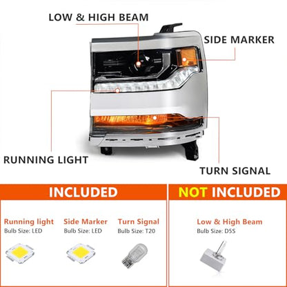 FIONE HID Headlight Assembly Compatible with Chevy Silverado 1500 2016-2018/2019 Silverado 1500 LD W/O Bulbs Chrome Housing Headlamp Left Driver Side 84388723 GM2502451 - color: Chrome, size: LH(Driver)