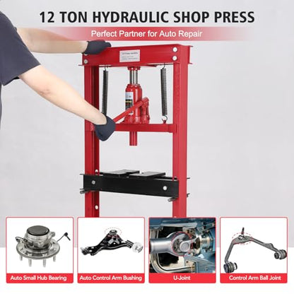 GarveeTech 12T Hydraulic Shop Press, H-Frame Heavy Duty Garage Floor Shop Press Tool with Plates, Adjustable Working Table Height to Bend, Straighten, Or Press Parts, Red
