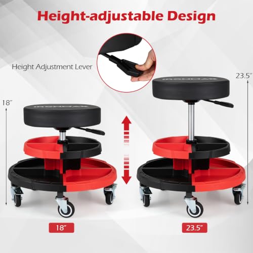 Goplus Rolling Mechanic Stool with Cushioned Seat - color: Red, size: 2-Tier Tool Tray