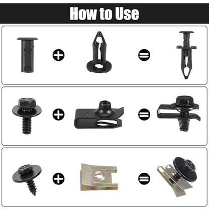 300PCS Bumper Clips Auto Fasteners Kit, Fender Liner Screws and Clips Set for Engine Under Cover Splash Shield Guard, Plastic Rivet Push Retainers, U-Nuts Body Bolts with Nylon Steel