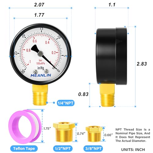 MEANLIN MEASURE -30inHG~0Psi Dry Vacuum Pressure Gauge, 2" DIAL FACE 1/4" NPT WOG Water Oil Air Pressure Test, Lower Mount, with 1/2" NPT and 3/8" NPT Hex Bushing - color: 1/4"NPT Lower Mount, size: -30inHG-0Psi