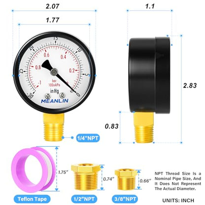 MEANLIN MEASURE -30inHG~0Psi Dry Vacuum Pressure Gauge, 2" DIAL FACE 1/4" NPT WOG Water Oil Air Pressure Test, Lower Mount, with 1/2" NPT and 3/8" NPT Hex Bushing - color: 1/4"NPT Lower Mount, size: -30inHG-0Psi