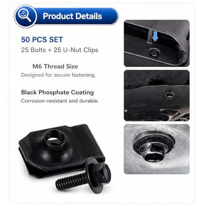 50Pcs M6 Body Bolts & U Nut Clips Kit Fender Bumper Splash Shield Fastener