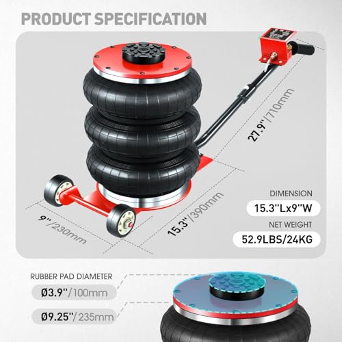 DNA Motoring Air Jack 5 Ton / 11000lbs Triple Bag Airbag Jack with Long Handle, 3-5 s Fast Lifting Pneumatic for Cars,Trucks, Garage, Repair, Lifting up to 15.7", TOOLS-00688 - color: Black/Red, style: Long Handle 5 ton