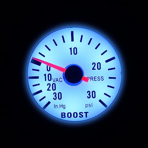 Boost Gauge, 6032BL 2" 52mm 12V Blue LED 0~30in.Hg / 0~30PSI Turbo Boost Gauge Meter with Sensor for Car Boat Truck ATV
