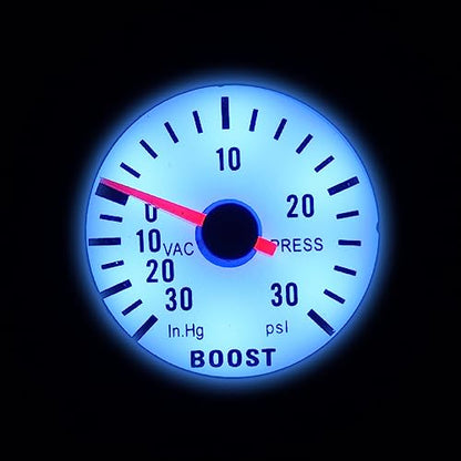Boost Gauge, 6032BL 2" 52mm 12V Blue LED 0~30in.Hg / 0~30PSI Turbo Boost Gauge Meter with Sensor for Car Boat Truck ATV