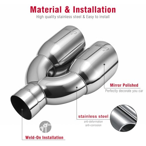 Upower Pack of 2 Dual Exhaust Tip Tailpipe 2.5 Inch Inlet 3.5" Outlet 9.5" Length Polished Stainless Exhaust Tip for Car Truck (Double Wall Weld-On Angle Cut Design)