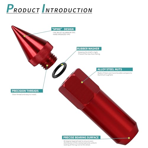 M12x1.5 Spikes Lug Nuts 20pcs 60mm Aluminum Wheel Nuts - color: Red
