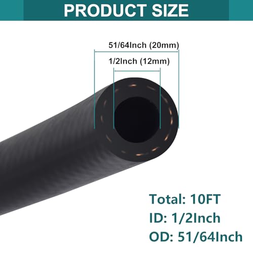 1/2 Inch ID Fuel Line Hose - 10FT Fuel Line with 10PCS Hose Clamps,300PSI High-Pressure Fuel Line for Automotive Fuel Systems Engines (1/2" ID-10Ft) - size: 1/2" ID-10Ft