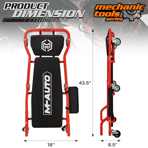 M-AUTO Heavy-Duty Automotive Creeper with 3-leves Adjustable Headrest, 42.5" Padded Metal Frame Creeper with Tools Tray for Garage Shop, 6 Noiseless Casters 300LBS Capacity, Red
