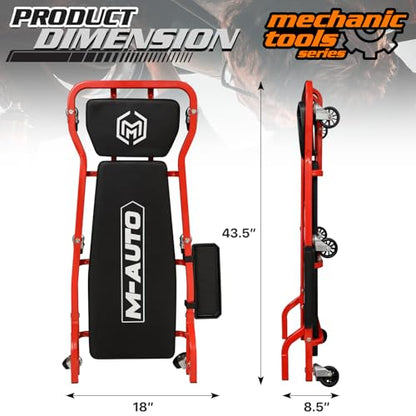 M-AUTO Heavy-Duty Automotive Creeper with 3-leves Adjustable Headrest, 42.5" Padded Metal Frame Creeper with Tools Tray for Garage Shop, 6 Noiseless Casters 300LBS Capacity, Red