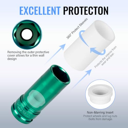 1/2" Drive Wheel Protector Impact Socket, Metric Deep 17mm - 27 mm (7 PCS) - size: 1/2" Color Impact Sockets 7pcs