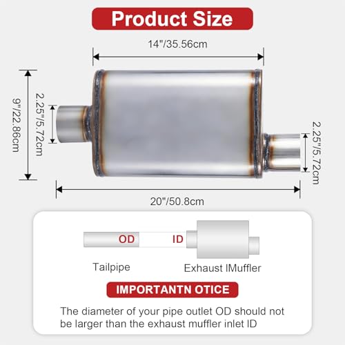 Exhaust Muffler 2.25" Inlet/Outlet, Universal Muffler for Cars Trucks, Stainless Steel Straight-Through Chamber Performance, 20" Overall Length - size: 2.25" Inlet/Outlet+ 20" Overall Length