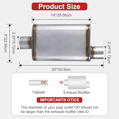 Exhaust Muffler 2.25" Inlet/Outlet, Universal Muffler for Cars Trucks, Stainless Steel Straight-Through Chamber Performance, 20" Overall Length - size: 2.25" Inlet/Outlet+ 20" Overall Length