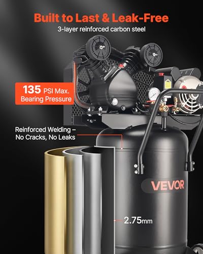 VEVOR 20 Gallons Air Compressor, 2HP 6.5SCFM at 90PSI, Max 135PSI Pressure Oil-Lubricated Air Compressor Tank,Portable on Wheels for Auto Repair,Tire Inflation,Spray Painting,Woodwork Nailing,120V - size: 20 Gallon 135 PSI