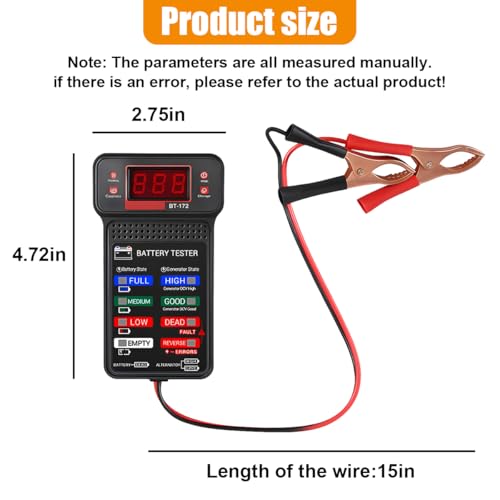 Craedli 12V Car Battery Tester BT-172, Digital Automotive Battery Analyzer & Alternator Charging System Tester with LCD Display and LED Indicators, Voltmeter Diagnostic Tool for Cars Trucks SUV(Black)