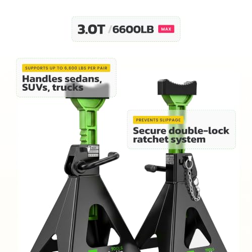 Jack Stands 3 Ton (6,600 lb) Heavy Duty Steel, Double Locking, Set of 2, Adjustable Height 11.03-16.7 Inch, Green Car Jack Stands for Cars SUV Trucks Vans