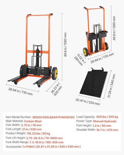 VEVOR Hydraulic Material Lift Winch Stacker, 450 lbs Load Capacity, Pallet Truck Dolly with Fork Lift Table, 39.4 Inches Max Lifting Height, Foldable & Portable Pallet Jack Table Cart, Orange & Black