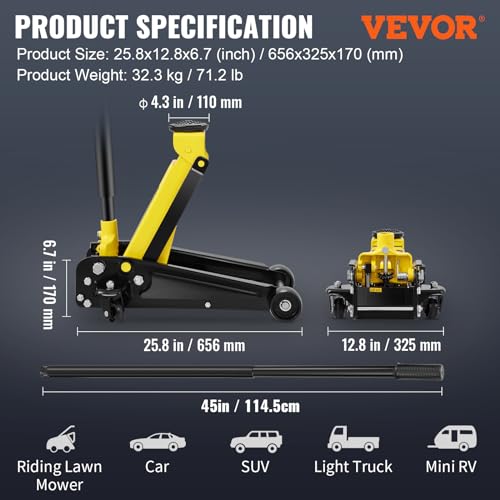 VEVOR 3 Ton Low Profile Floor Jack for All Terrain Vehicles, Heavy-Duty Steel Racing Jack with Quick Lift Pump, 5.12"-20" Lifting Range, 3.0 tons - color: yellow