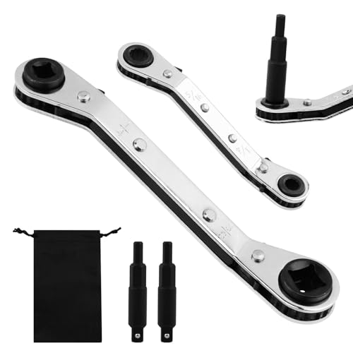 2Pcs HVAC Service Wrench Set, Air Conditioner Valve Ratchet Wrench 3/16” to 3/8” 5/16'' x 1/4'' with 2 Hexagon Bit Adapter Kit, for Air Refrigeration and Equipment Repair Tools