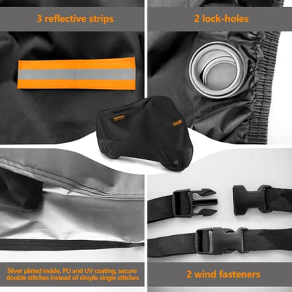 Universal Motorcycle Cover Waterproof Outdoor Storage All Weather Rain Snow Sun Winter All Season Durable with Lockholes & Night Reflective Black Oxford 108" Extra Large Heavy Duty Protection - size: 108" Length