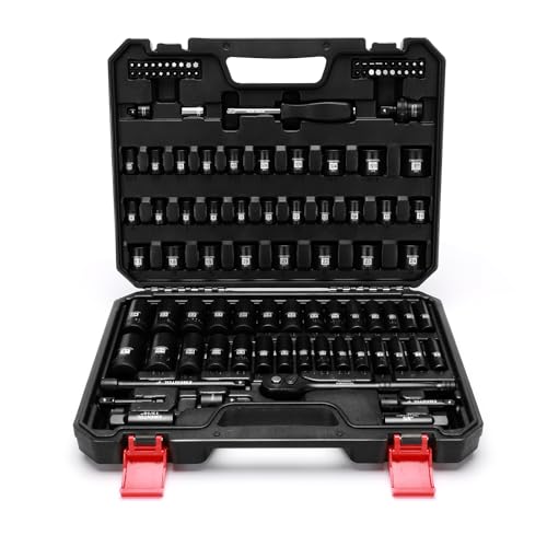 EMENTOL 109-Piece 3/8" Drive Socket Set, SAE (5/16"-15/16") & Metric (6mm-24mm), Deep & Shallow, with Ratchet Wrench, Extension Bars, Spark Plug Sockets, Universal Joint, Power Drill Adapter, Bits - size: 3/8" 109pcs