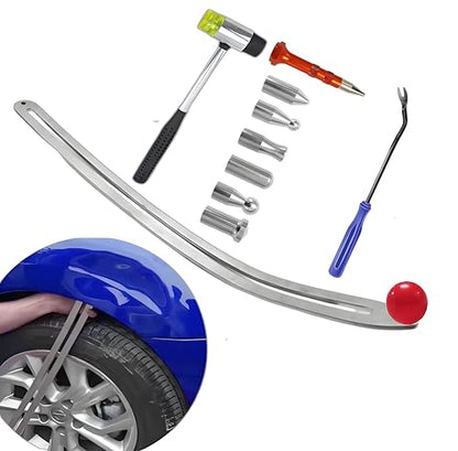 Car Dent Puller Kit, Manual Car Dent Remover PDR Kit, Auto Fender Paintless Dent Repair Tools with Big Curved Crowbar PDR Rod & Rubber Hammer for Motorcycle Metal Surfaces