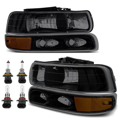 KUIPERAUTO Headlight Assembly Front Lamp Compatible with 1999-2002 Chevrolet Silverado 1500 2500 2000-2006 Suburban 1500 2500 Tahoe Black Housing/Smoked lens/Amber Corner w/Bulb - color: Black/Smoked/Amber