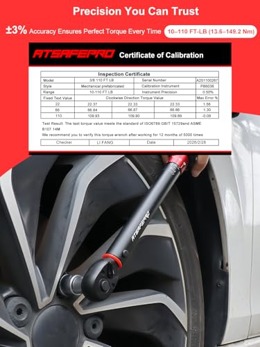 3/8 Torque Wrench 10-110 Ft-lb/13.6-149.2 Nm, ±3% Accuracy Click Torque Wrench 3/8 Inch - 72 Tooth Dual Direction, Quick Release, All Matel, Extension Bar & Adapters Set for Motorcycle and Car Repair