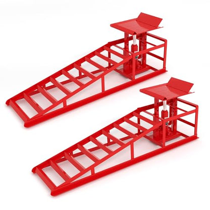 Heavy Duty Hydraulic Car Ramp 2 PCS, 11050LBS 5T Car Ramps with Hydraulic Jack, Steel Car Ramps for Oil Changes High Lift 9"-14.6" Red - color: Red-45.5l*13w*14.6h