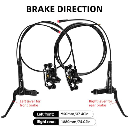 E-Bike Hydraulic Disc Brake Set, 2-PIN 2-Pistons Electric Power-Off Hydraulic Brakes Set, Left Front 950mm Right Rear 1880mm Pre-Bled with Mineral Oil Brakes Kit for eBike, MTB, Scooters - color: Black