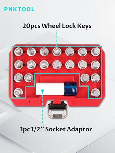 Set of 21, Wheel Lock Key Set, Anti-Theft Lock Lug Nut Screw Remover Wheel Lock Removal Kit with 1/2 inch (12.7mm) Socket Adapter for Mini Series